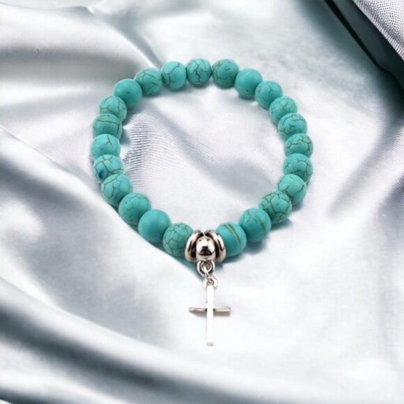 NEW Turquoise Mala Bead Bracelet Silver Cross Pendant - Picture 3 of 4